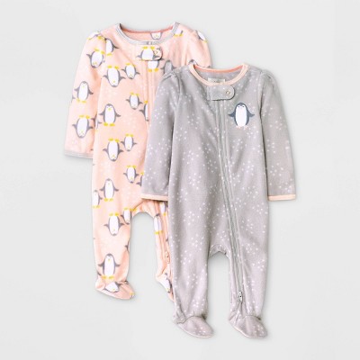Image of Baby Girls' 2pc Penguin Fleece Sleep N' Play Pajama Romper - Cloud Island™ Pink 3-6M