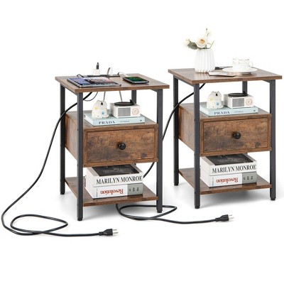Tangkula 2PCS Nightstand Bedside Sofa End Table w/ Charging Station Open Shelves & Drawer