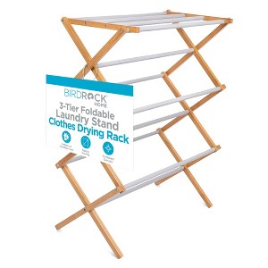 BIRDROCK HOME 3-Tier Bamboo Drying Rack - Foldable, Water-Resistant Laundry Stand for Indoor/Outdoor Use - Fully Assembled Clothes Dryer, Grey - 1 of 4