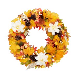 TROPOW 24 Inch Autumn Wreath - White Artificial Maple Leaf Wreath with Pinecones & Berries for Front Door/Fireplace (Indoor/Outdoor) - 1 of 4