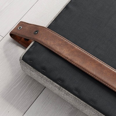 Gray Upholstered Full Wall Mount Headboard with Brown Leather Straps