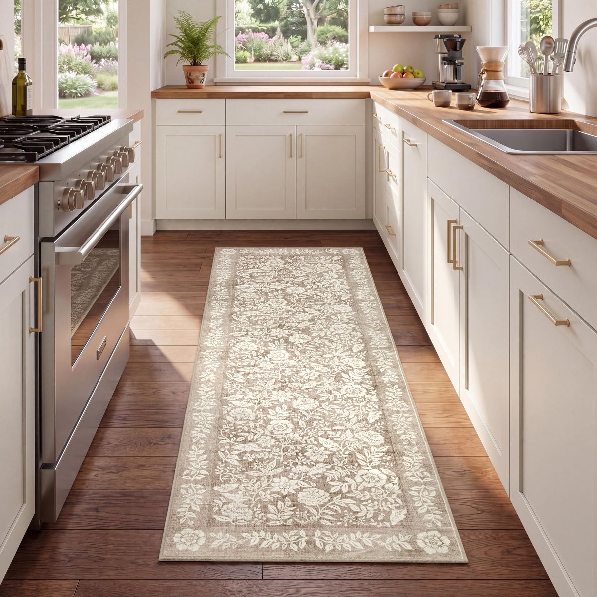Retro Floral Washable Area Rug with TPR Rubber Backing, Soft Non-Slip Botanical Rug for Bedroom Living Room Nursery - thumbnail 10