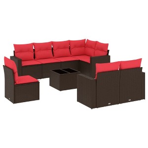 vidaXL 9 Piece Patio Sofa Set with Cushions Brown and Red Poly Rattan - With Table - 1 of 4