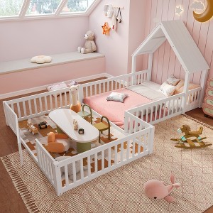 House Floor Bed, Double Full Floor Bed with Door and Full-length Guardrails, Multi-function Design, Grey - 1 of 4