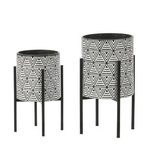 LuxenHome Set of 2 Black and White Metal Cachepot Planters with Black Metal Stands Multicolored - 1 of 4