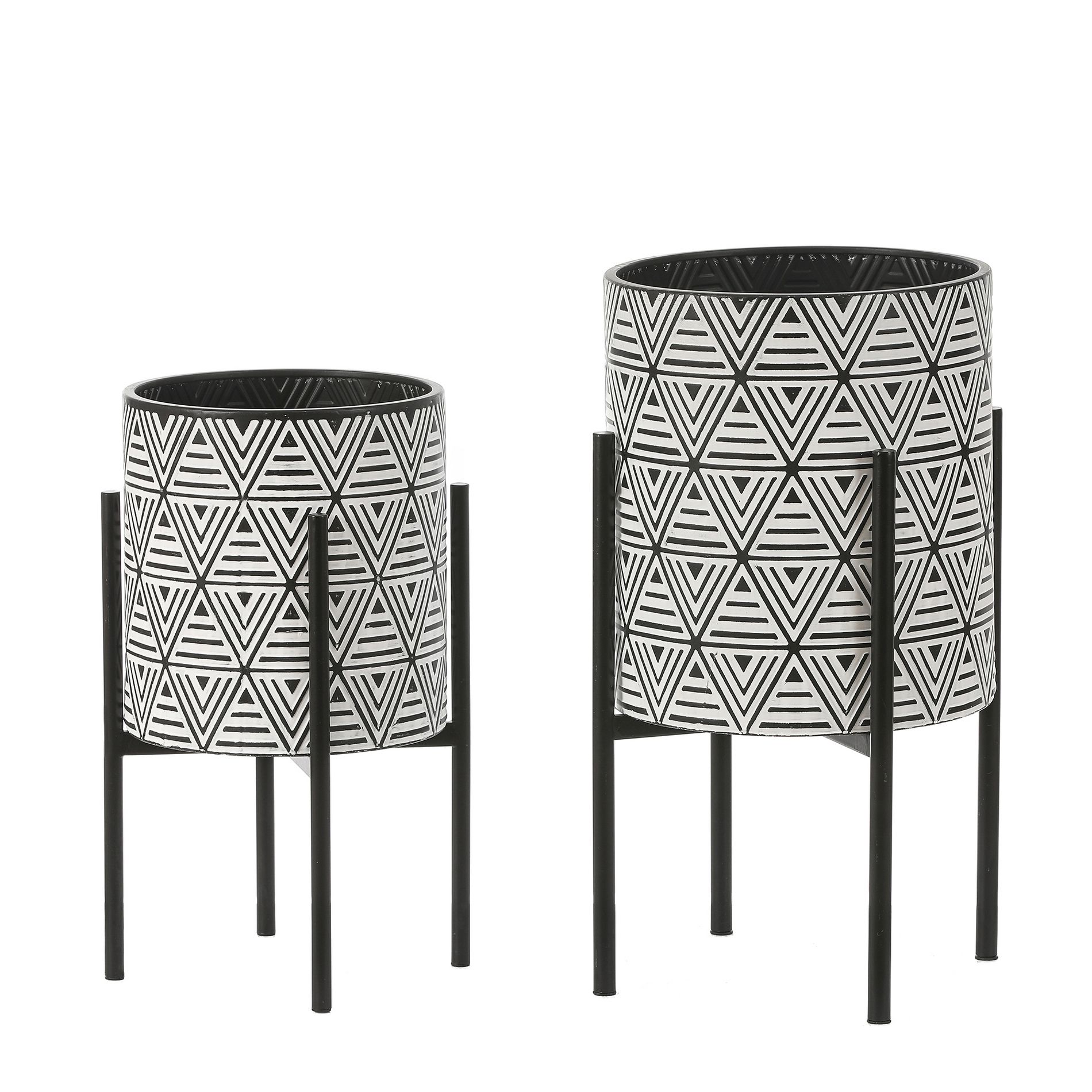 LuxenHome Set of 2 Black and White Metal Cachepot Planters with Black Metal Stands Multicolored