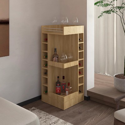Vynxaria Natural Oak Corner Bar Cabinet, Wine Rack, Open Shelf Design