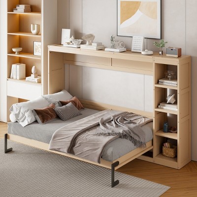 Wooden Murphy Bed With Bookshelf,Wall Bed With 3 Storage Racks,Wall Bed Murphy Bed -Maison Boucle