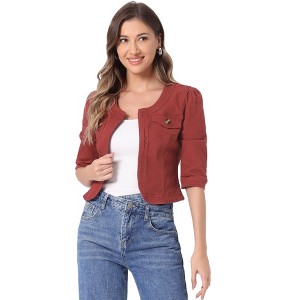 INSPIRE CHIC Women's Collarless Pockets 3/4 Sleeve Crop Denim Jackets - 1 of 4