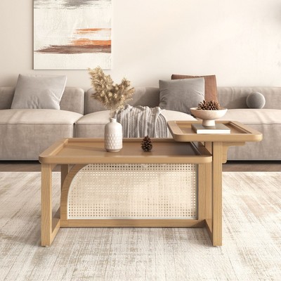 PAGED Petal Shaped Wooden Coffee Table, Modern Side Table with Rattan Shelf and Unique Tabletop, 31.5" Bedside Table for Living Room, Bedroom