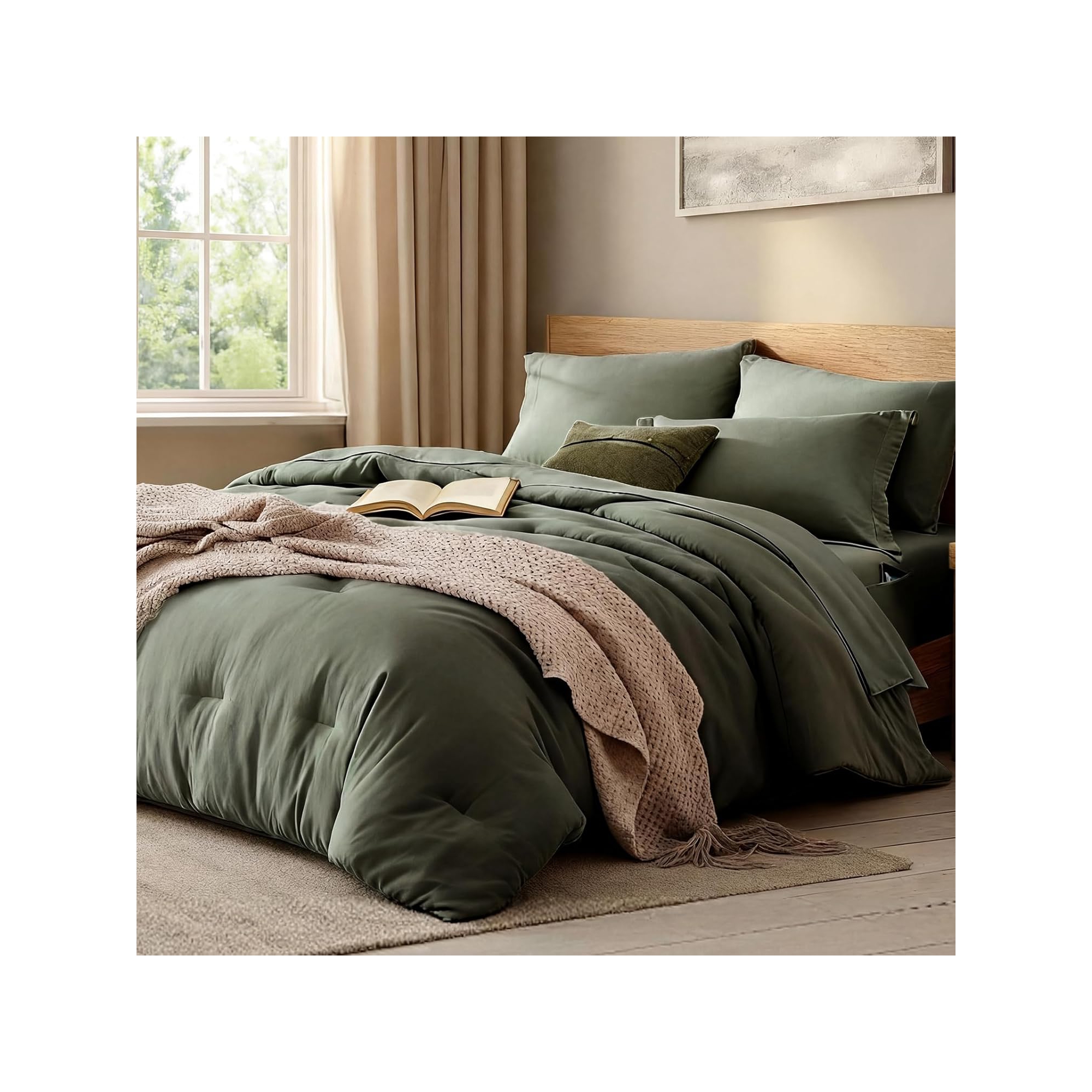 BALHAM TRADE-Queen Size 7 Pieces Soft Microfiber Comforter Set Light Warm All Season Bedding Olive Green-Queen 90"x90"