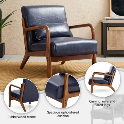 Navy Blue Faux Leather Mid-Century Modern Accent Chair with Walnut Wood Frame