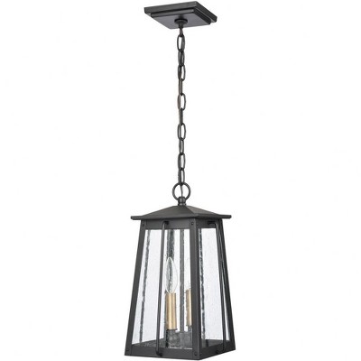Kirkdale Matte Black and Natural Brass 2-Light Outdoor Pendant with Seeded Glass