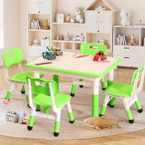 5-Piece Kids Table and Chairs, Height Adjustable Toddler Table and Chair Set for Ages 2-10 with Graffiti Desktop, Non-Slip Legs for Classroom/Daycare - 1 of 4
