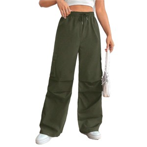 Womens Baggy Cargo Pants Wide Leg Cargo Pants Midwaist Drawtring Pants Loose Fit Straight Pants with Side Pockets Knee Pleated Pants - 1 of 4