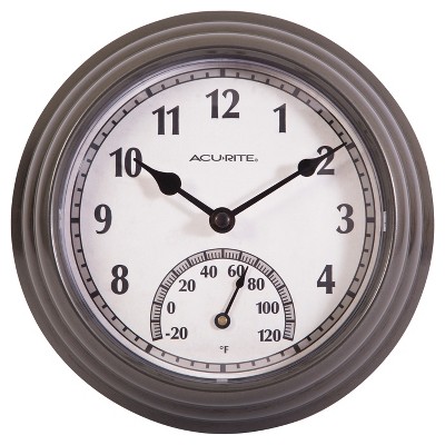 8.5" Outdoor / Indoor Wall Clock with Thermometer - Gunmetal Gray Finish  - Acurite