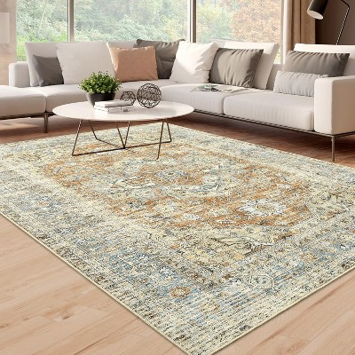 Vintage Washable Area Rugs, Low Pile Soft Carpet with Distressed Trellis Pattern, Foldable Thin Indoor Accent Rug for Living Room Bedroom Dining Room