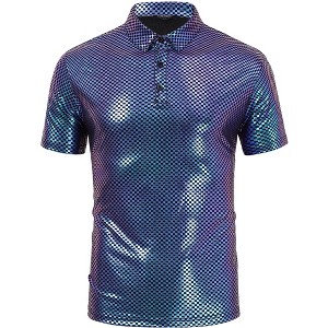 Men's 70s Disco Shirts Shiny Sequins Short Sleeve Party Shirt Slim Fit Nightclub Costume Tops - 1 of 4