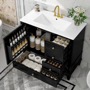 Whisen 24" Bathroom Vanity with Sink, Drawers & Storage Shelves, Ceramic Top with MDF/Solid Wood Base - 1 of 4