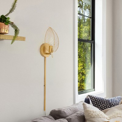Gold Leaf Shade Plug-In Wall Sconce with Long Cord