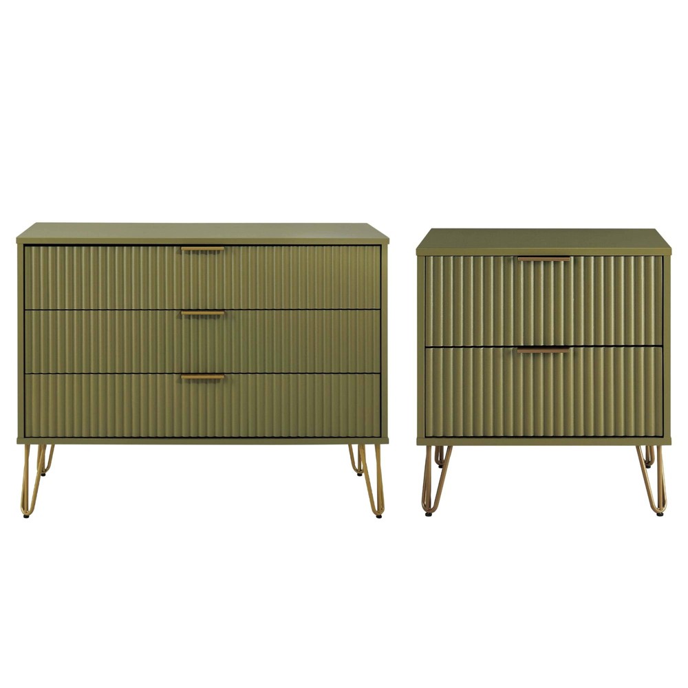 Manhattan Comfort Dumbo 2pc Modern 3 Drawer Dresser and 2 Drawer Nightstand Set Olive Green