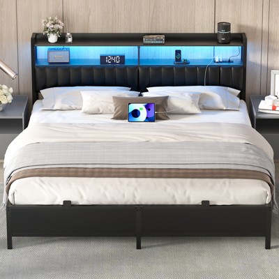 Aheaplus Platform Bed Frame with Reversible Storage Headboard and Charging Station