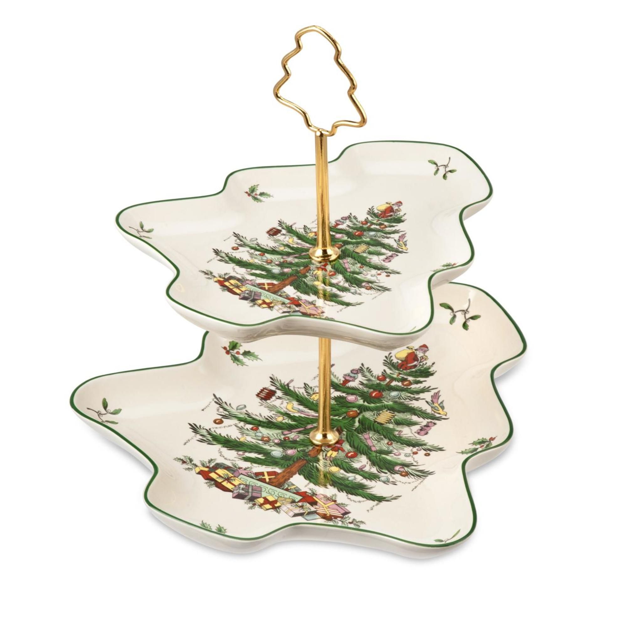 Spode Christmas Tree 2-Tiered Server, Tree-Shaped - Holiday Cupcake Stand, Dessert Display Set, Porcelain Serving Platter, 10" & 8", Dishwasher Safe