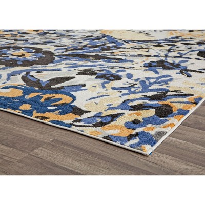 Blue Floral Synthetic 9' x 12' Stain-Resistant Area Rug