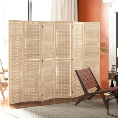 Natural Wood 6-Panel Folding Room Divider with Hook Holes