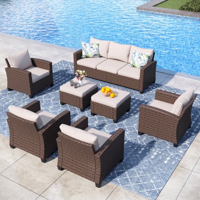 Captiva Designs 7pc Outdoor Patio Wicker Conversation Set with 4Cushioned Single Sofas for Garden Poolside Backyard