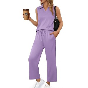 PINSPARK Two Piece Sets for Women Sleeveless Outfits Travel Tracksuit V Neck Top Wide Leg Pant Lounge Sets 2025 Summer - 1 of 4