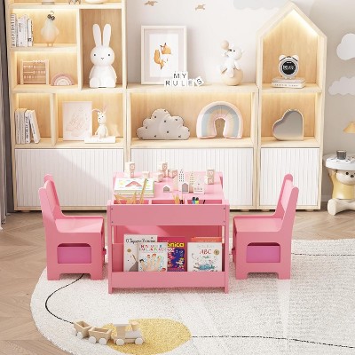 Kids Table and Chair Set - 4 in 1 Wooden Activity Table & 2 Chairs, Storage Drawer, Detachable Tabletop, for Drawing, Reading, Crafts