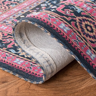 Navy and Pink Floral Motif Cotton Area Rug, 4' x 6'