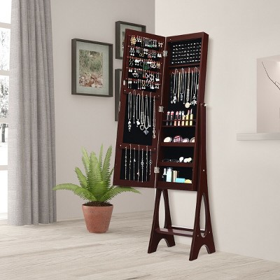 Chic Reddish Brown LED Jewelry Cabinet with Full-Size Mirror