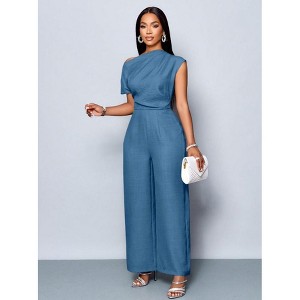 Women's Wear Commuting Elegance Daytime Outing Casual Simple Apricot Off-Shoulder Asymmetrical Neckline Shoulder Pleats Short Sleeve Wide Leg Jumpsuit - 1 of 4