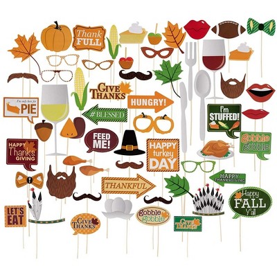 Juvale Thanksgiving Photo Booth Props Set - 60-Pack Handheld Photobooth Props, Sticks, and Adhesive Kit