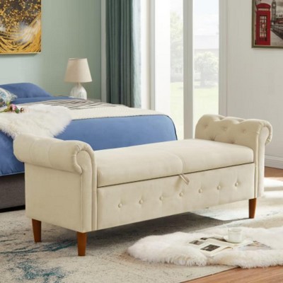 Nicbex 63" Storage Bench Multifunctional Linen Upholstered Storage Bench with Armrests for Entryway Bedroom