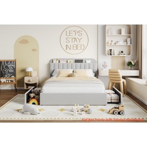 Twin/FULL/Queen/Twin XL Size Kids'Bed Frame with 2 Flexible Drawers, Boucle Upholstered Platform Bed Frame w/ Bookcase Headboard, Bedframe - 1 of 4