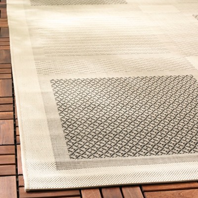 Black and Sand Geometric Synthetic Outdoor Area Rug, 6'-7" Square