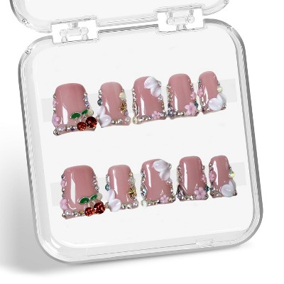 LOVELAY CREATIONS Duck 3D Rhinestone Press-On Nails with Cherry Pearls