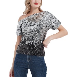 Anna-Kaci Women's Short Sleeve One Shoulder Sparkle Sequin Pullover Top - 1 of 4
