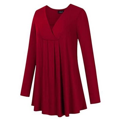 Women's Long Sleeve V Neck Tunic Tops Pleated Solid Tee Shirt Causal Loose Blouse, Red, 4XL