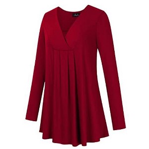 Women's Long Sleeve V Neck Tunic Tops Pleated Solid Tee Shirt Causal Loose Blouse, Red, 4XL - 1 of 4
