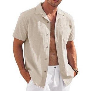 COOFANDY Mens Casual Cotton Linen Shirt Short Sleeve Button Up Shirts Summer Beach Top - 1 of 4