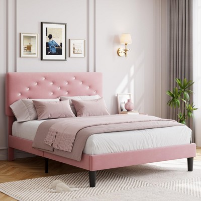 homfan Bed Frame with Button-Tufted Linen Headboard, Wood Slat Support - Princess Platform Bed for Girls, Easy Assembly, No Box Sprin