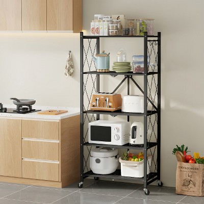 SUGIFT 5-Tier Storage Shelf Foldable Metal Shelving Units with Wheels, Black