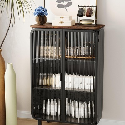 44.5" Modern 3-Tier Storage Sideboard Buffet Cabinet – Black + Brown Tabletop, 2 Glass Doors, Metal & Wood Structure for Kitchen