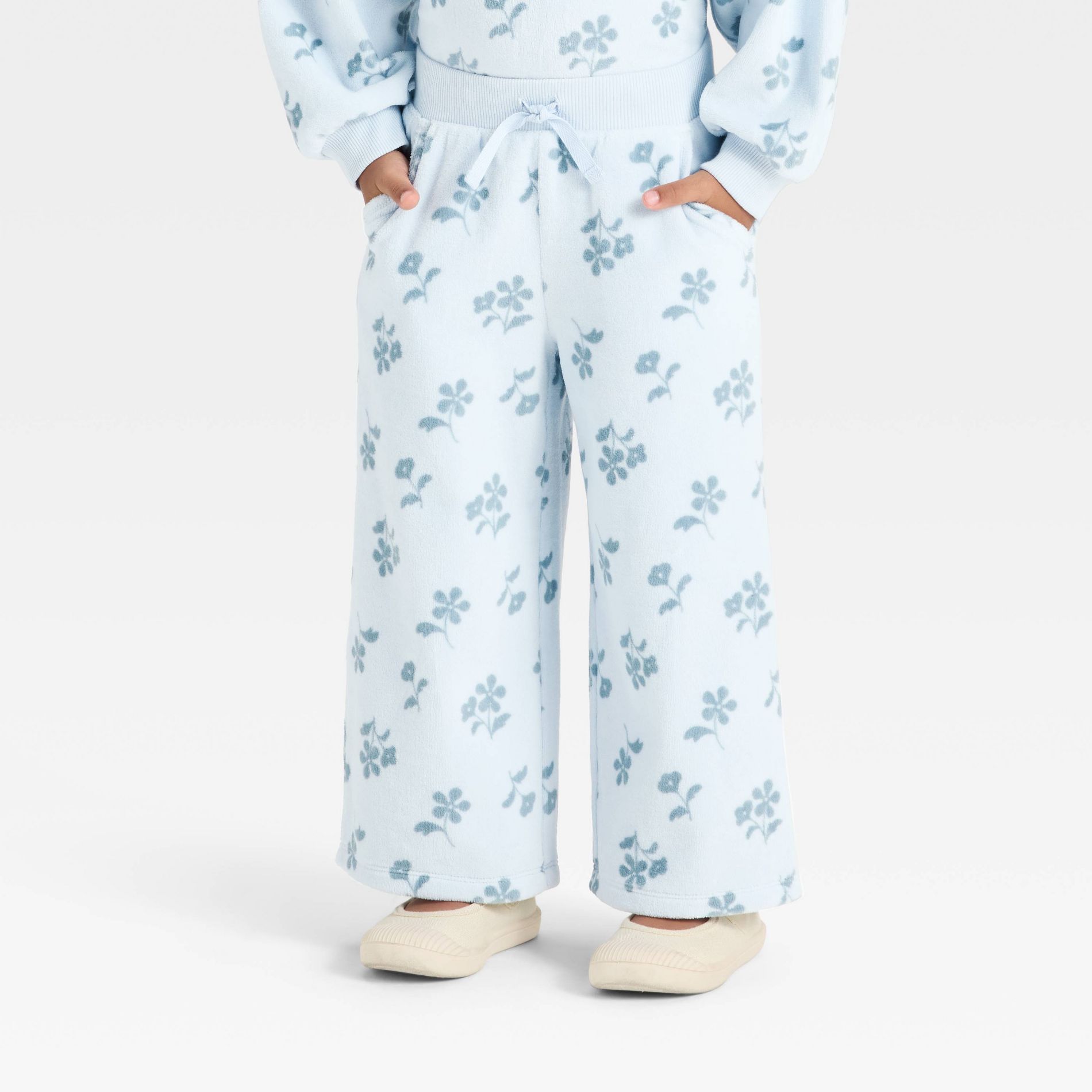 Toddler Girls' Velour Wide Leg Pants - Cat & Jack™ Light Blue 12M
