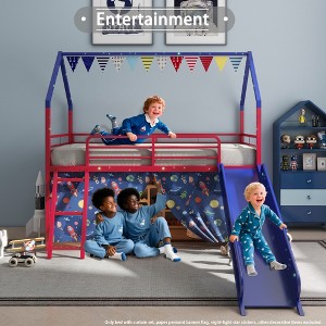 LOVSON Jack Metal Junior House Twin Loft Bed with Slide and Superhero-Themed Red and Blue Curtain Set - 1 of 4