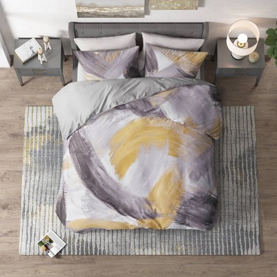3pc Full/Queen Andie Cotton Printed Duvet Cover Set Gray/Yellow - CosmoLiving by Cosmopolitan